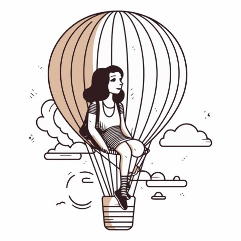 Woman in hot air balloon. Hand drawn vector illustration in sket