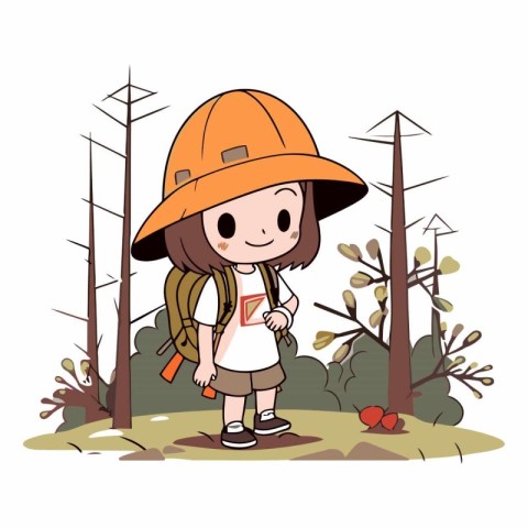 cute little girl with a backpack in the forest