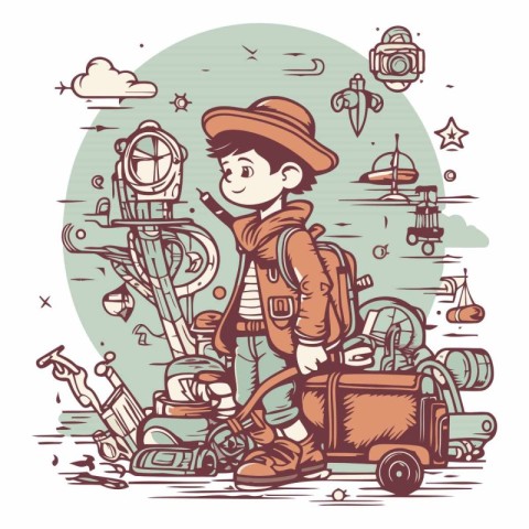 Vector illustration of a boy in a hat with a backpack and a map.