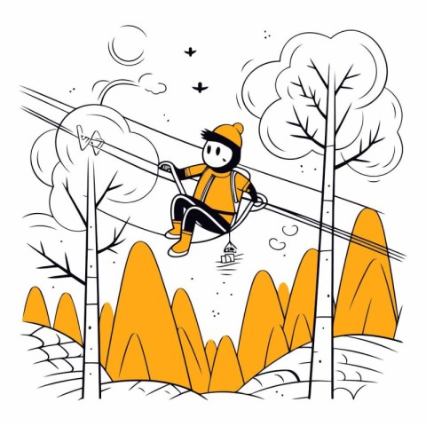 Vector illustration of a boy riding a chairlift in the park.