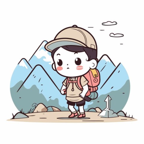 Cute little boy with backpack and mountain in the background.