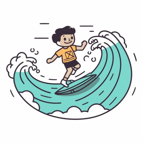 Vector illustration of a boy riding a wave on a surfboard.