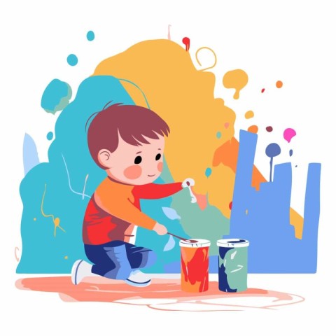 Cute little boy painting wall with paint roller.