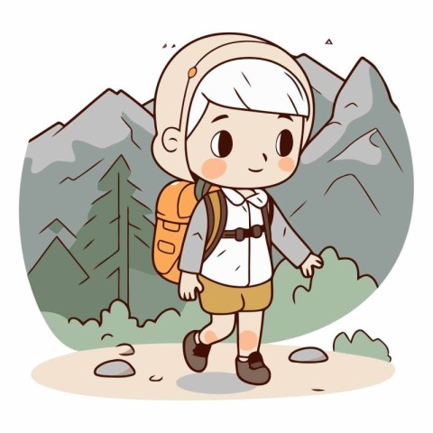 Boy with backpack hiking in the mountains. Cute cartoon characte