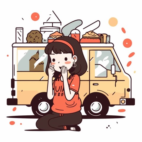 Illustration of a little girl eating ice cream in front of a van