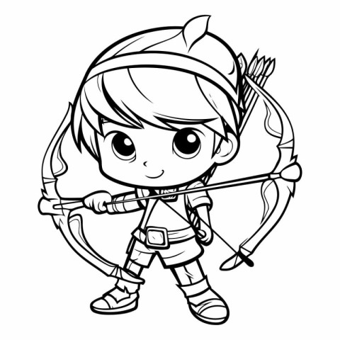 Cute boy with bow and arrow - black and white vector illustratio