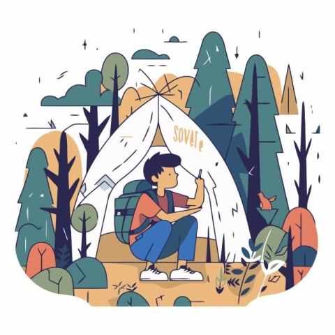 Camping and hiking vector illustration. Young man sitting in his