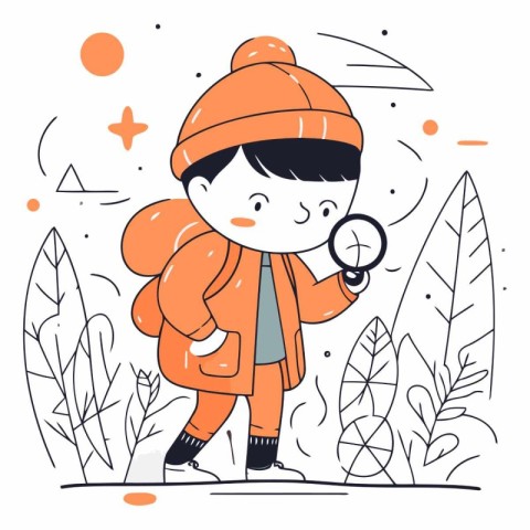 Vector illustration of a boy in a warm coat with a magnifying gl