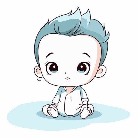 cute little boy with blue hair sitting on the floor vector illus