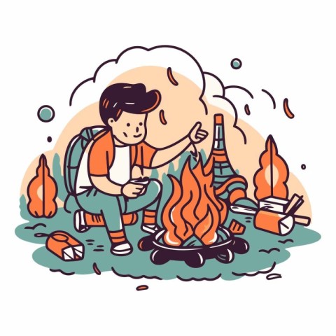 Vector illustration of a young man sitting by the fire and drink