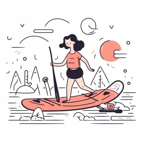 Vector illustration of a woman paddling a stand up paddleboard o