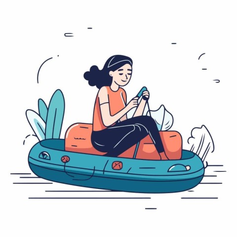 Vector illustration of a young woman sitting in a boat with a sm