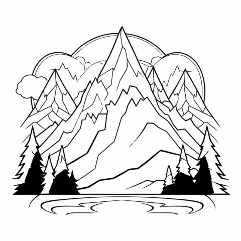 Mountain landscape with forest and lake in outline style.