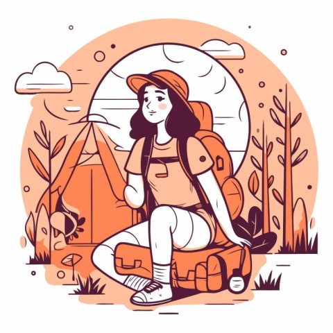 Tourist girl with backpack sitting near camping tent.