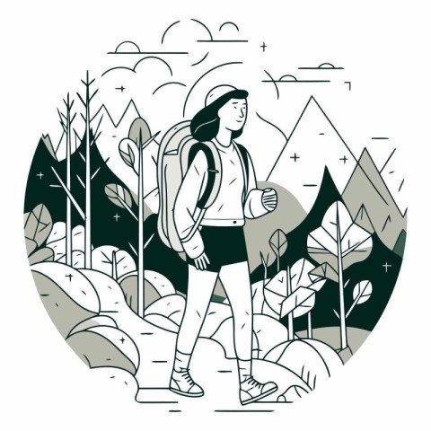 Vector illustration of a woman with a backpack walking in the fo