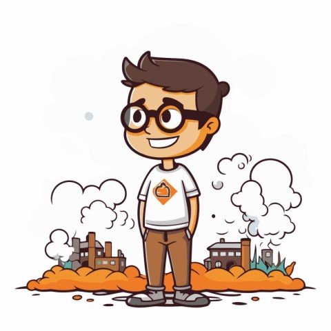 Cartoon boy standing in front of a nuclear power plant.