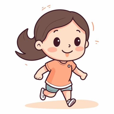 Girl running vector illustration. Cute cartoon little girl runni