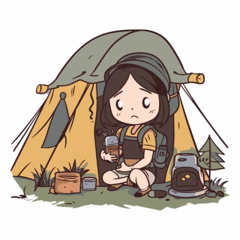 Cute little girl camping with a backpack and a cup of coffee