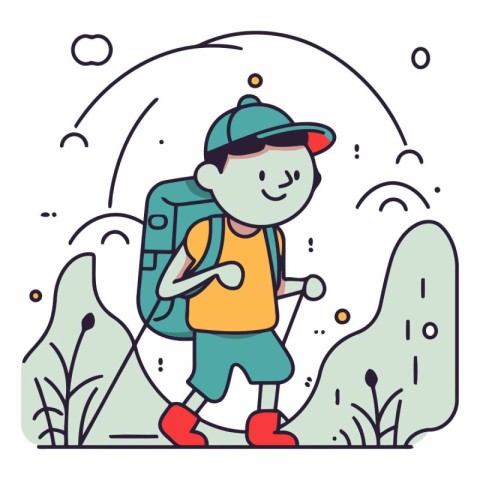 Vector illustration of a boy with a backpack hiking in the mount