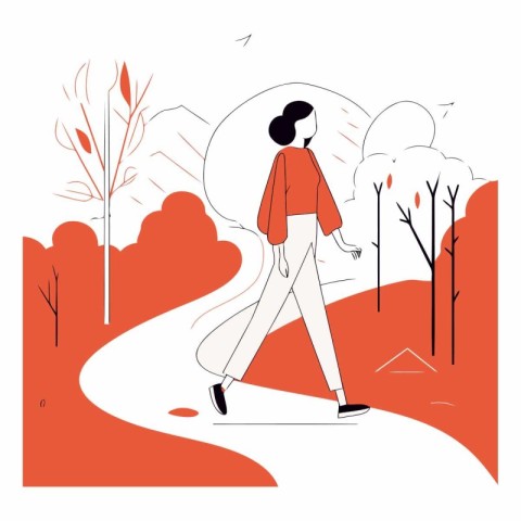 Woman walking in the autumn park in flat linear style.