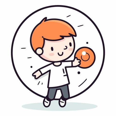 Boy playing with ball in circle in cartoon style.