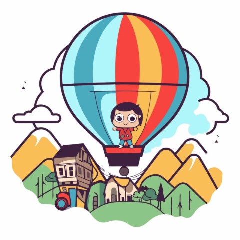 Vector illustration of a boy flying in a hot air balloon on the