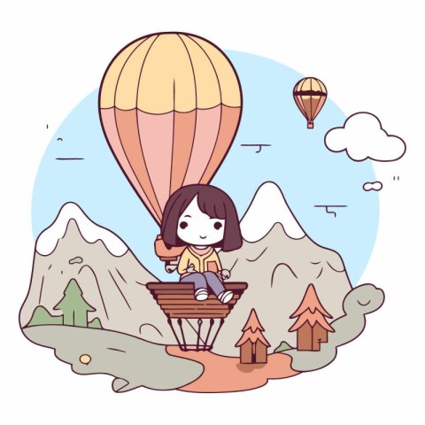 Little girl with hot air balloon in the mountains.