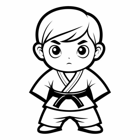 Black and White Cartoon Illustration of a Karate Kid Boy Charact