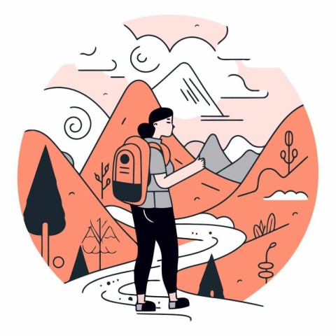 Tourist woman with map and backpack in the mountains