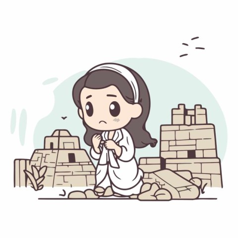 Illustration of a little girl praying in front of the pyramids