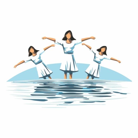 Vector illustration of a group of girls in white dresses jumping