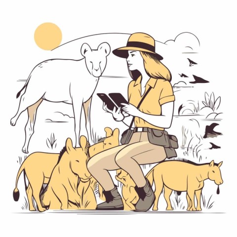 Vector illustration of a woman with a phone and a group of wild