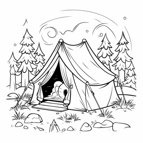 Camping tent in the forest. Black and white vector illustration.