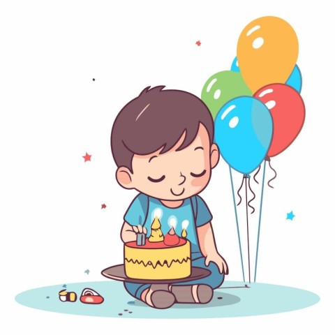 Cute little boy with birthday cake and balloons.