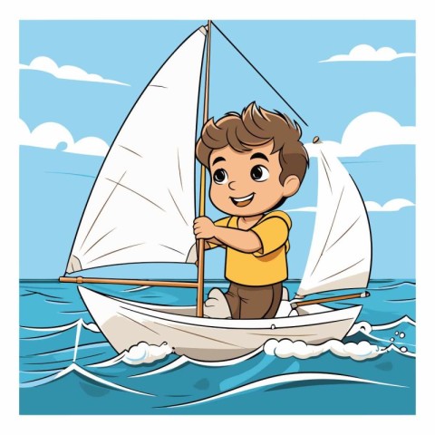 Boy on a sailboat in the sea. Vector cartoon illustration.