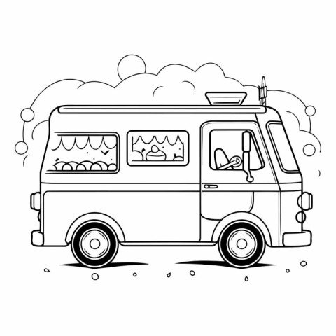 Food truck vector illustration. Black and white outline drawing