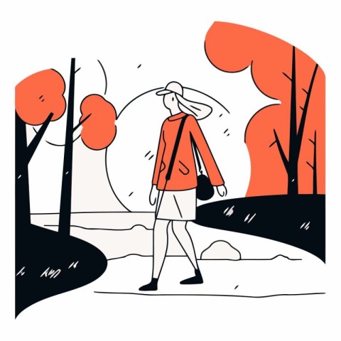 Young woman walking in the park in doodle style