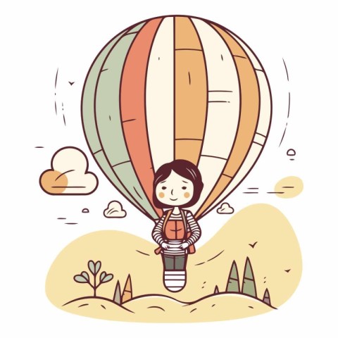 Cute little boy flying on hot air balloon.