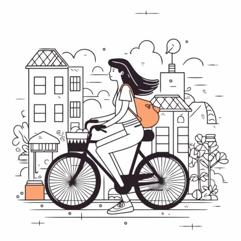 Young woman riding a bicycle in the city. Outline vector illustr