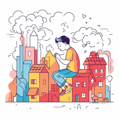 Vector illustration of a boy playing on a smartphone in the city