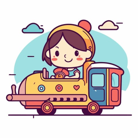 Cute little girl riding a train in cartoon style.