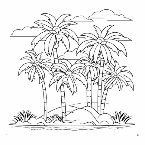 Palm trees on the island. Black and white vector illustration.