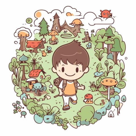 Cute little boy in the forest. Vector hand drawn illustration.