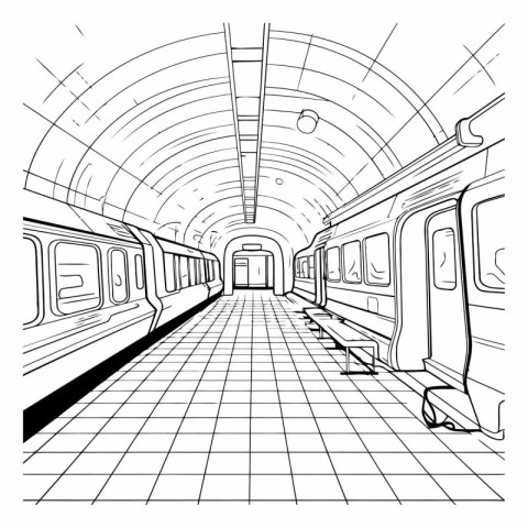 Subway train in the underground station. monochrome vector illus