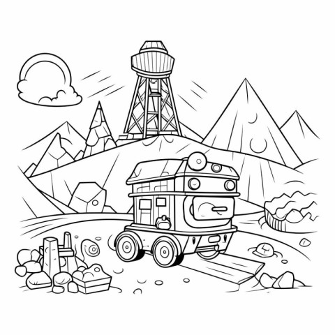 Coffee truck on the background of mountains. Coloring book for k