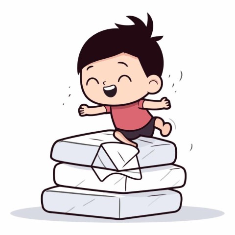 Cute little boy climbing on pile of stone. Vector cartoon illust