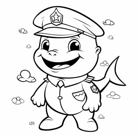 Black and White Cartoon Illustration of Cute Marine Policeman Ch