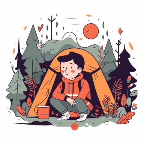 Vector illustration of a boy sitting in a tent in the forest.