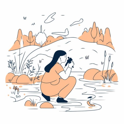 Vector illustration of a girl sitting on the river bank and look