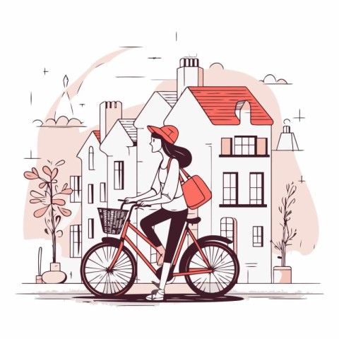 Young woman riding a bicycle in the city in cartoon style.